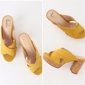 Lulus - Sicily Yellow Suede Cork Platform Heels